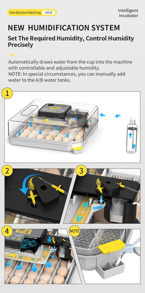 Step-by-step instructions showing how to fill water in the humidifier