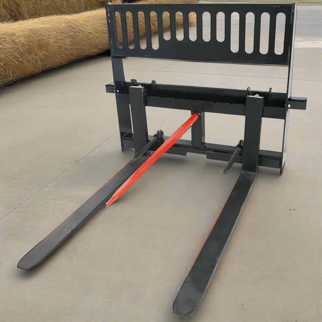Heavy-Duty 48” Skid Steer Hay Spear Fork with Stabilizers
CNC Laser-Cut Bale Fork Mounted on Skid Steer
Side View of Hay Fork Attachment with Lock Handles
Heavy-Duty Agricultural Spear Fork for Skid Steer
Dual Spear Bale Fork Attachment – 48” with Safety Steps