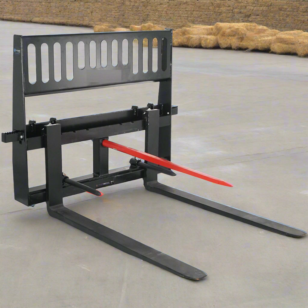 Heavy-Duty 48” Skid Steer Hay Spear Fork with Stabilizers
CNC Laser-Cut Bale Fork Mounted on Skid Steer
Side View of Hay Fork Attachment with Lock Handles
Heavy-Duty Agricultural Spear Fork for Skid Steer
Dual Spear Bale Fork Attachment – 48” with Safety Steps