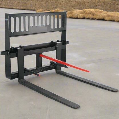 Heavy-Duty 48” Skid Steer Hay Spear Fork with Stabilizers
CNC Laser-Cut Bale Fork Mounted on Skid Steer
Side View of Hay Fork Attachment with Lock Handles
Heavy-Duty Agricultural Spear Fork for Skid Steer
Dual Spear Bale Fork Attachment – 48” with Safety Steps