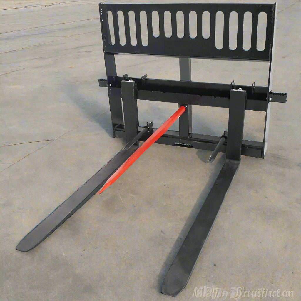 Heavy-Duty 48” Skid Steer Hay Spear Fork with Stabilizers
CNC Laser-Cut Bale Fork Mounted on Skid Steer
Side View of Hay Fork Attachment with Lock Handles
Heavy-Duty Agricultural Spear Fork for Skid Steer
Dual Spear Bale Fork Attachment – 48” with Safety Steps