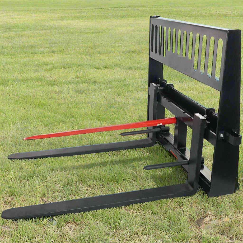 Heavy-Duty 48” Skid Steer Hay Spear Fork with Stabilizers
CNC Laser-Cut Bale Fork Mounted on Skid Steer
Side View of Hay Fork Attachment with Lock Handles
Heavy-Duty Agricultural Spear Fork for Skid Steer
Dual Spear Bale Fork Attachment – 48” with Safety Steps