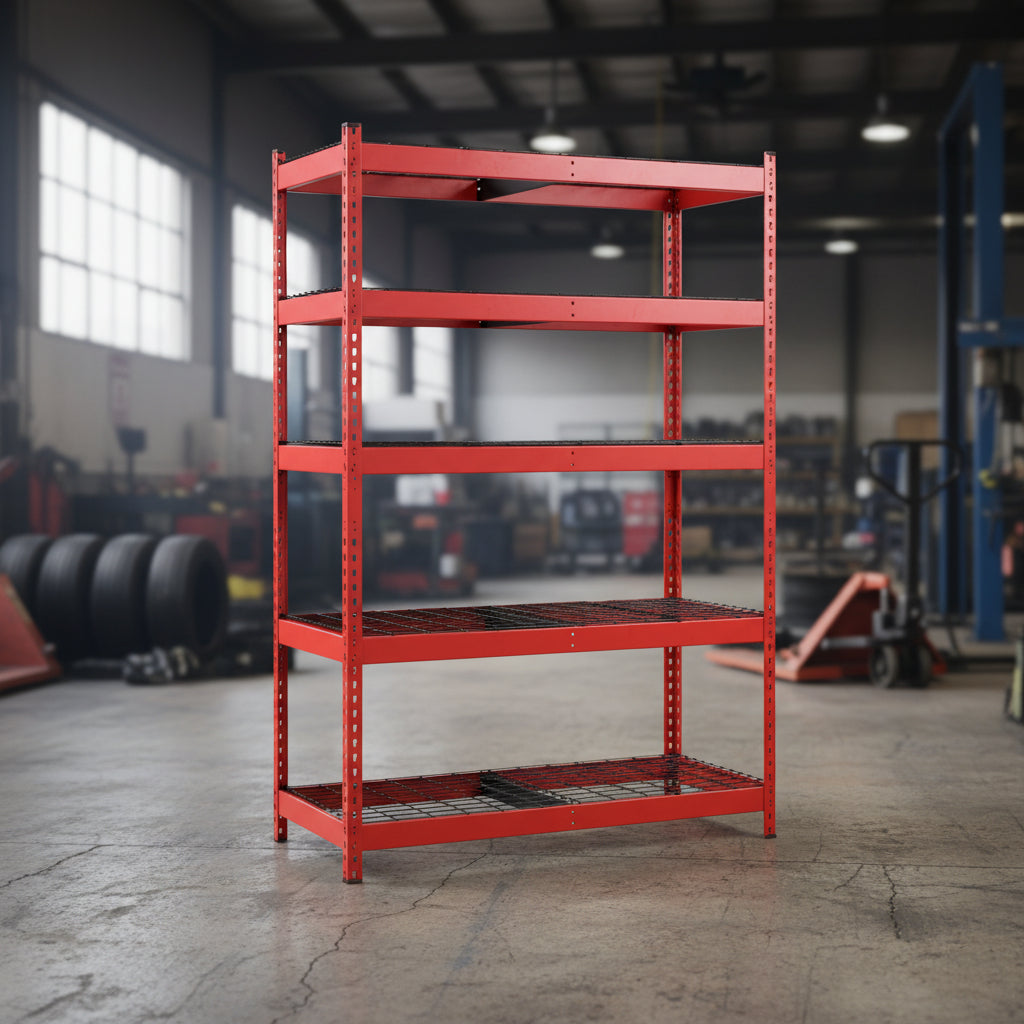 NEW 48 X 78 X 24″ 5 SHELF TIER WELDED GARAGE STORAGE RACK - with RED | Sold by Uncle Wiener's Wholesale
