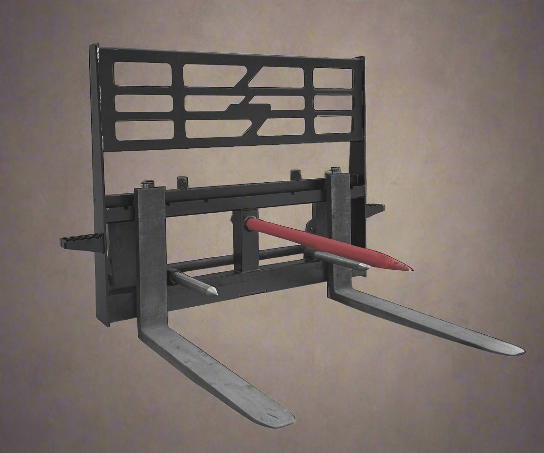 8” Skid Steer Forks with Hay Bale Spear Attachment – Model 48DSF Front View