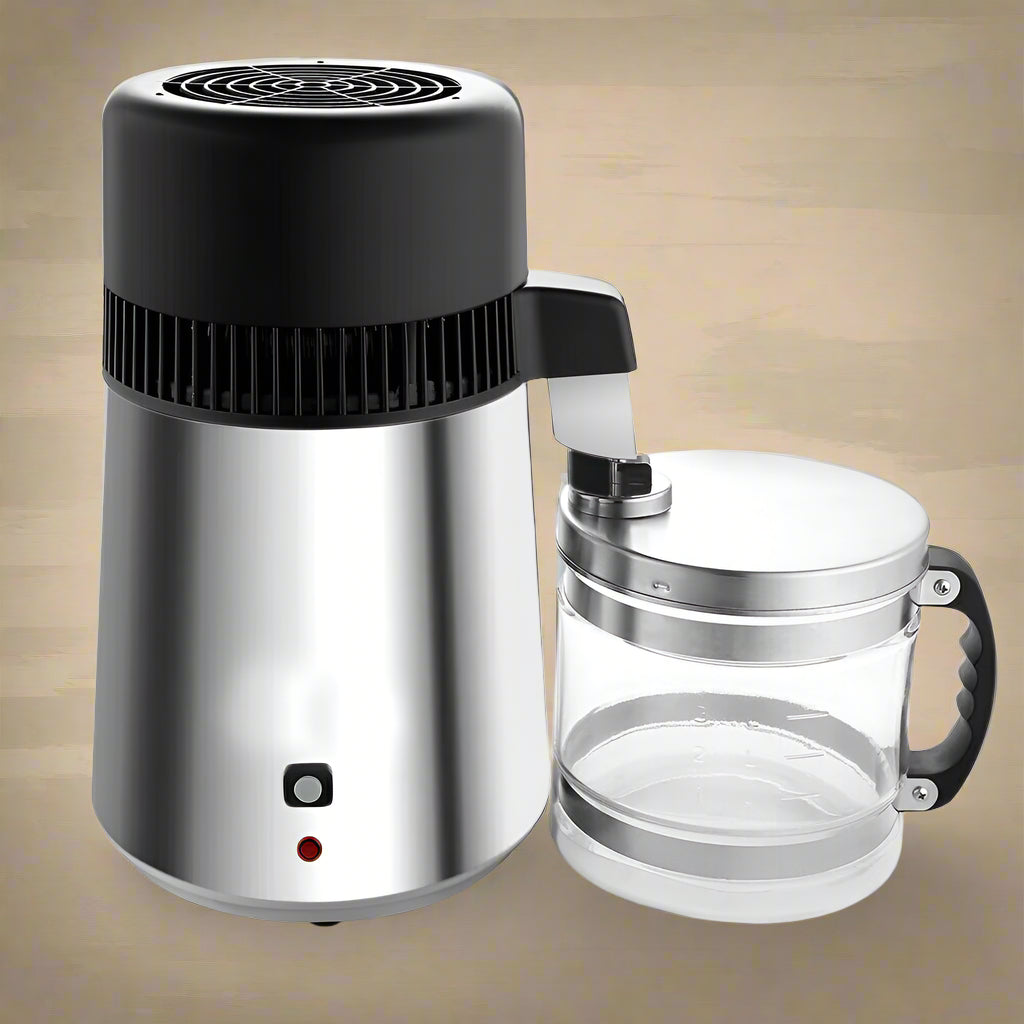 “4L Stainless Steel Water Distiller with Glass Jug”

“Home Countertop Distiller for Drinking Water”

“Interior Heating Coil and Stainless Tank Close-up”

“Activated Carbon Filter and Removable Lid”

“Complete 4L Water Purification System Set”