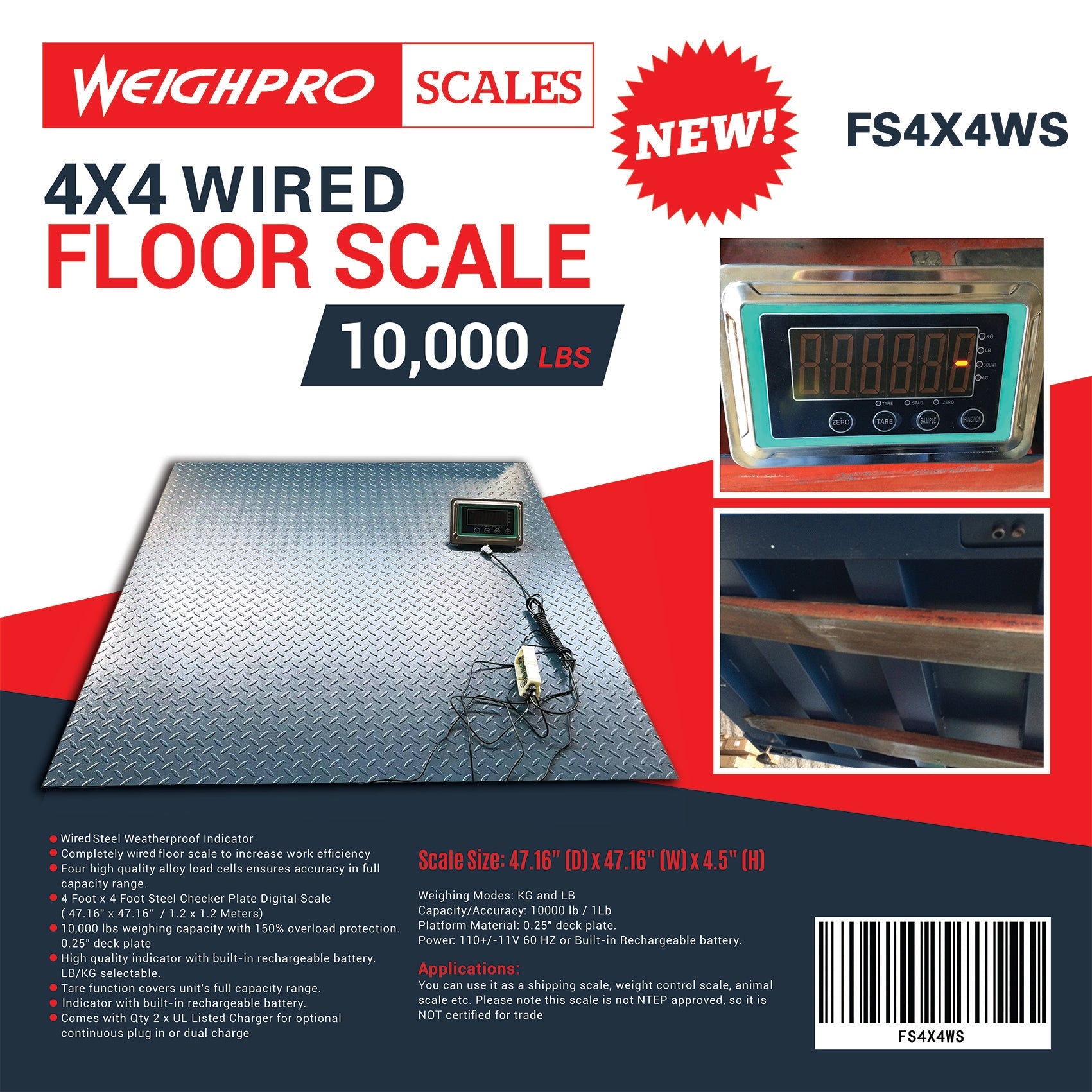 4x4 FT digital floor scale with steel checkered platform

Industrial-grade wired floor scale with LCD display

Heavy-duty 10,000 LB capacity scale with digital indicator

Digital floor scale used for freight weighing

Close-up of steel plate and load cell feet on floor scale