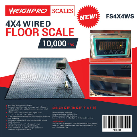 4x4 FT digital floor scale with steel checkered platform

Industrial-grade wired floor scale with LCD display

Heavy-duty 10,000 LB capacity scale with digital indicator

Digital floor scale used for freight weighing

Close-up of steel plate and load cell feet on floor scale