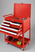 Garage tool cabinet with tools stored in foam-lined drawers and bottom shelf


