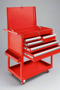 Red and black mobile tool cabinet with drawers and locking lid

