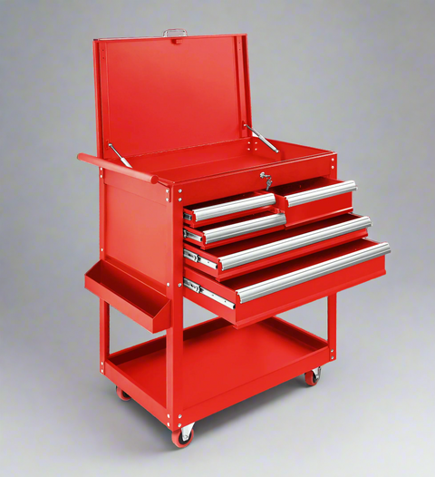 Red and black mobile tool cabinet with drawers and locking lid

