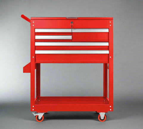 Mechanics roller cart with 5 drawers fully extended for tool access

