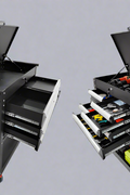 Tool cart open with wrench and screwdriver set inside drawer organizers

