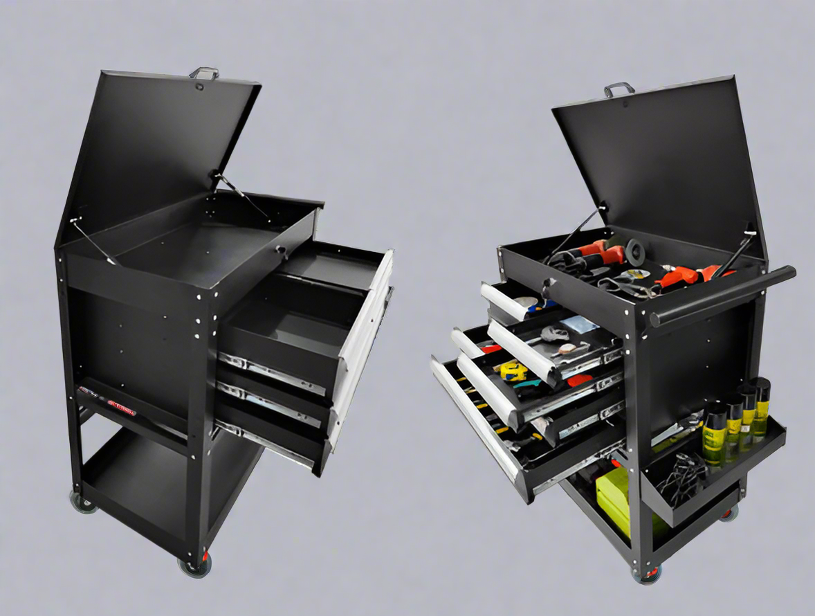 Tool cart open with wrench and screwdriver set inside drawer organizers

