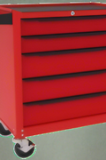 5-drawer red rolling tool cabinet with locking wheels

Compact steel tool chest for garage storage

Powder-coated mobile tool cabinet with drawers

Mechanic using red steel rolling toolbox

Side view of lockable 5-drawer garage cabinet

