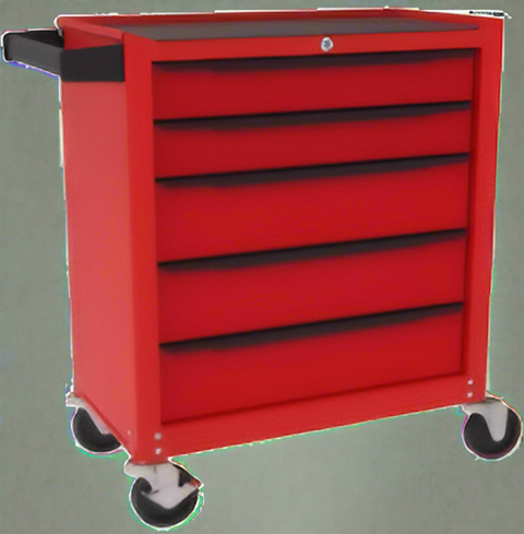 5-drawer red rolling tool cabinet with locking wheels

Compact steel tool chest for garage storage

Powder-coated mobile tool cabinet with drawers

Mechanic using red steel rolling toolbox

Side view of lockable 5-drawer garage cabinet

