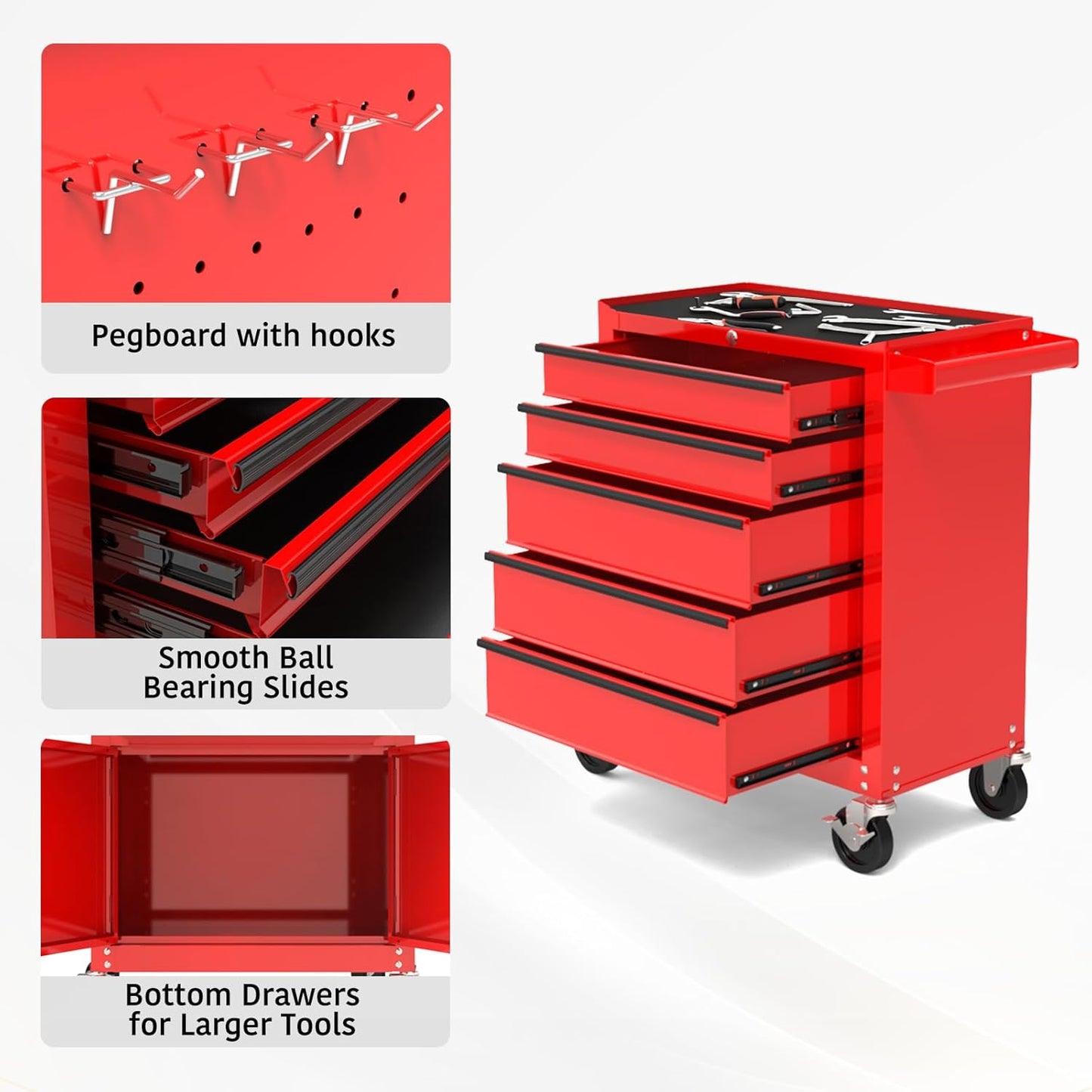 5-drawer red rolling tool cabinet with locking wheels

Compact steel tool chest for garage storage

Powder-coated mobile tool cabinet with drawers

Mechanic using red steel rolling toolbox

Side view of lockable 5-drawer garage cabinet

