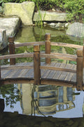 Decorative arched garden bridge with natural wood finish