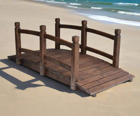 Wooden landscaping bridge assembled outdoors
