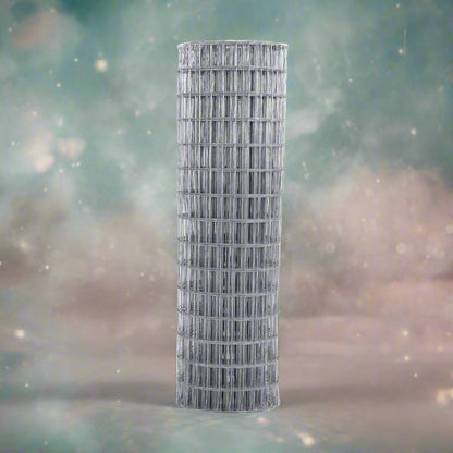 Wide shot of the 5 ft x 100 ft welded wire roll standing vertically

Close-up of 2x4 mesh pattern

Wire mesh showing galvanized finish detail

Fence installed along a garden perimeter