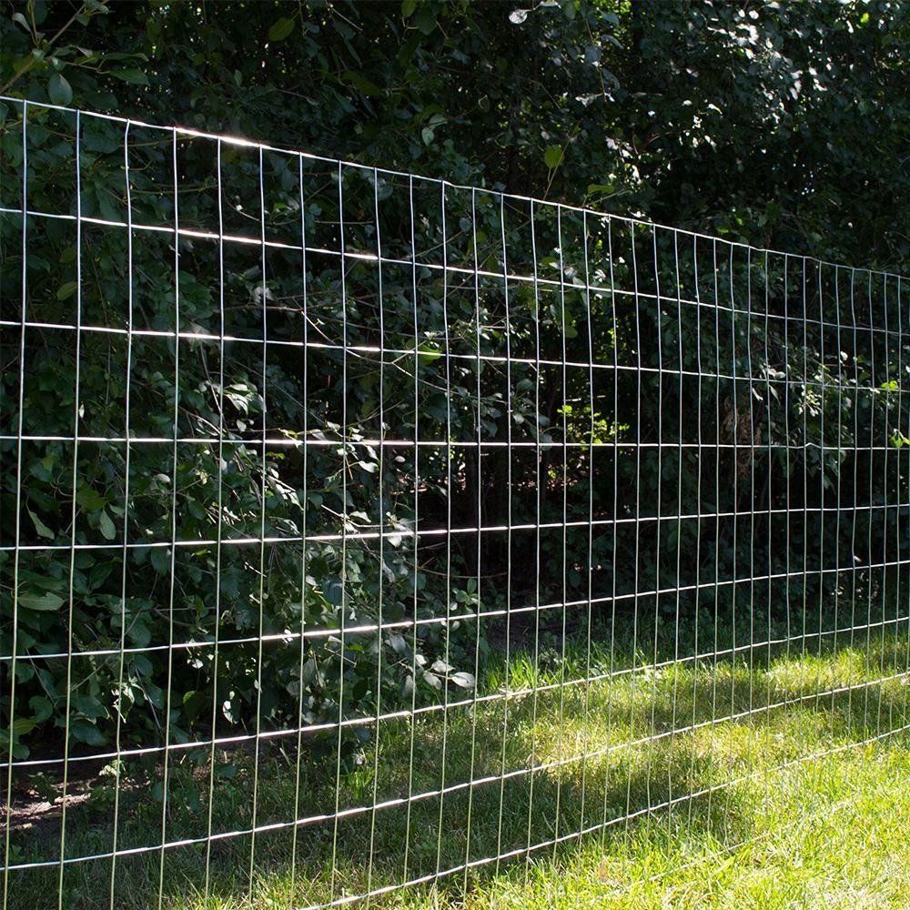 Wide shot of the 5 ft x 100 ft welded wire roll standing vertically

Close-up of 2x4 mesh pattern

Wire mesh showing galvanized finish detail

Fence installed along a garden perimeter