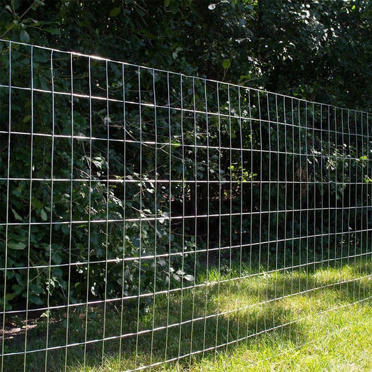 Wide shot of the 5 ft x 100 ft welded wire roll standing vertically

Close-up of 2x4 mesh pattern

Wire mesh showing galvanized finish detail

Fence installed along a garden perimeter