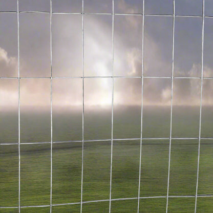 Wide shot of the 5 ft x 100 ft welded wire roll standing vertically

Close-up of 2x4 mesh pattern

Wire mesh showing galvanized finish detail

Fence installed along a garden perimeter