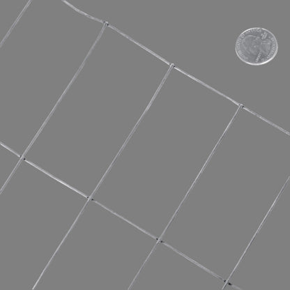 Wide shot of the 5 ft x 100 ft welded wire roll standing vertically

Close-up of 2x4 mesh pattern

Wire mesh showing galvanized finish detail

Fence installed along a garden perimeter