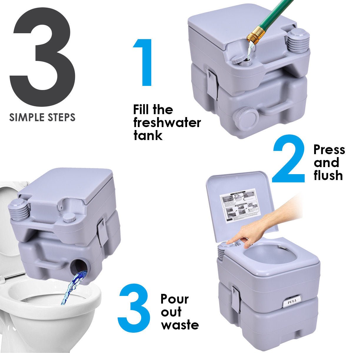 “5-gallon portable camping toilet with detachable tank”

“Gray and purple travel toilet for indoor and outdoor use”

“Compact portable toilet setup with flush handle and waste container”

“20L outdoor toilet with carry handle for RV and camping”

“Leak-proof portable toilet with sealing valve for odor control”