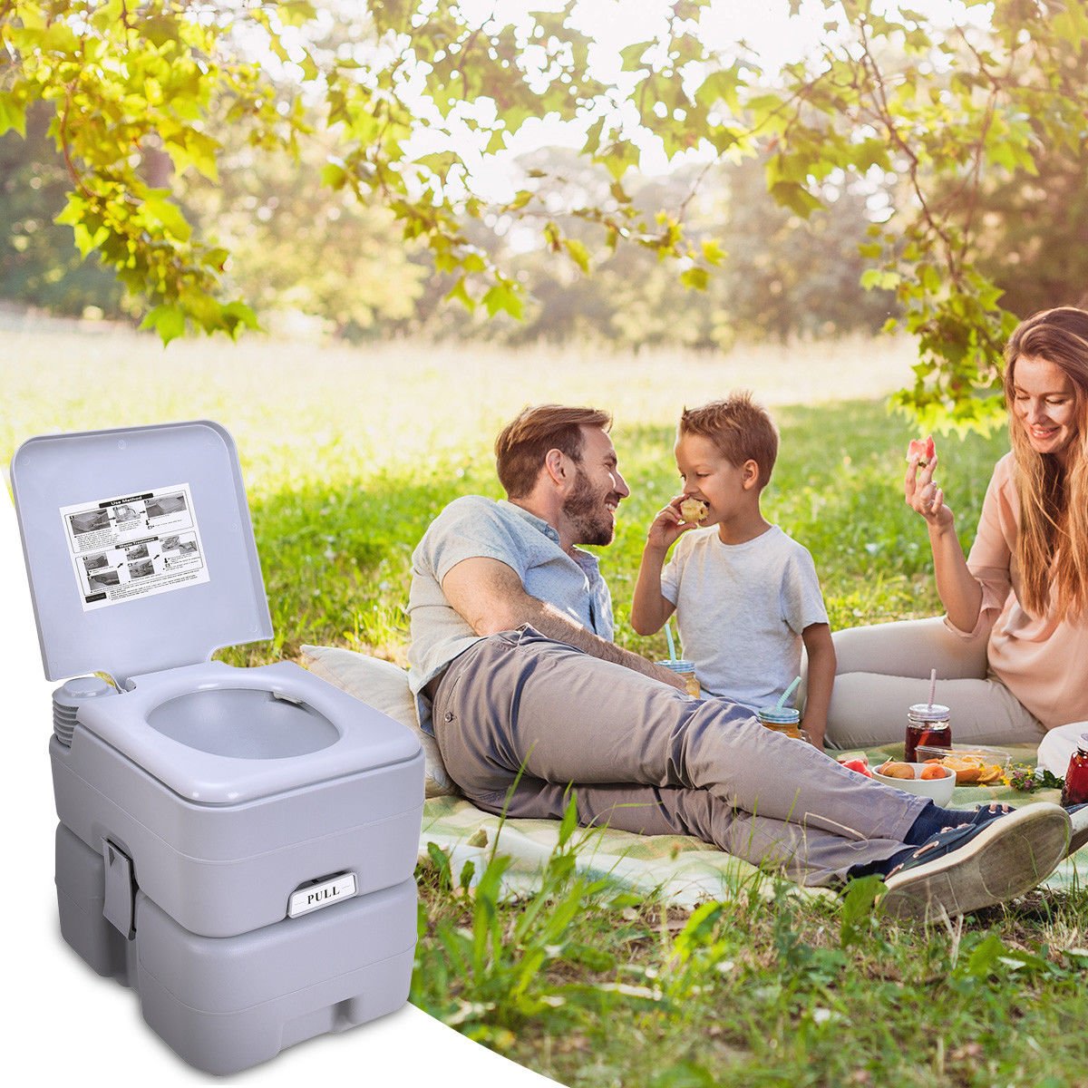 “5-gallon portable camping toilet with detachable tank”

“Gray and purple travel toilet for indoor and outdoor use”

“Compact portable toilet setup with flush handle and waste container”

“20L outdoor toilet with carry handle for RV and camping”

“Leak-proof portable toilet with sealing valve for odor control”