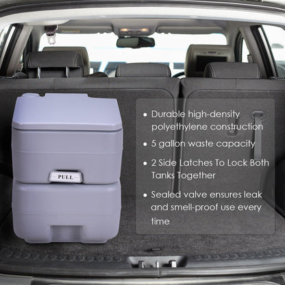“5-gallon portable camping toilet with detachable tank”

“Gray and purple travel toilet for indoor and outdoor use”

“Compact portable toilet setup with flush handle and waste container”

“20L outdoor toilet with carry handle for RV and camping”

“Leak-proof portable toilet with sealing valve for odor control”