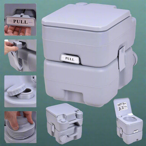 “5-gallon portable camping toilet with detachable tank”

“Gray and purple travel toilet for indoor and outdoor use”

“Compact portable toilet setup with flush handle and waste container”

“20L outdoor toilet with carry handle for RV and camping”

“Leak-proof portable toilet with sealing valve for odor control”
