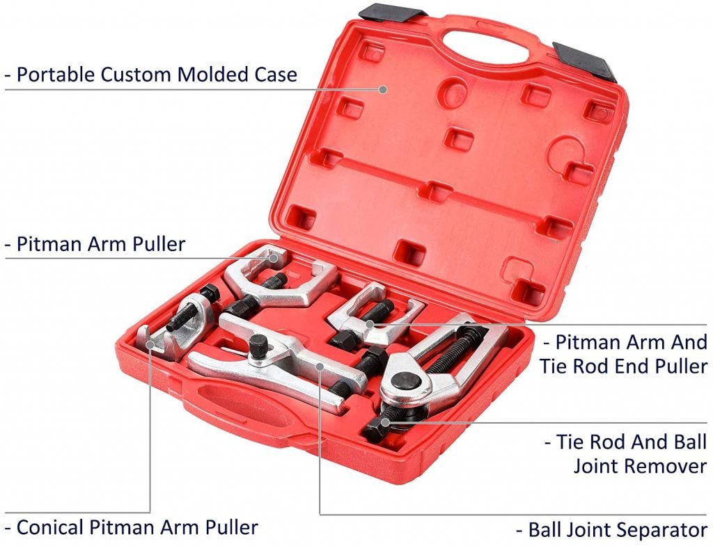 ball joint separator, arm puller tool, front end service kit, pitman arm removal tool, tie rod removal kit, car suspension tools, mechanic tool set, vehicle steering repair