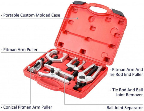 ball joint separator, arm puller tool, front end service kit, pitman arm removal tool, tie rod removal kit, car suspension tools, mechanic tool set, vehicle steering repair