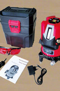 5-line 6-point cross laser level with red carrying case
Professional self-leveling laser level for drywall and tile alignment
Laser level tool projecting cross lines and dot points
Construction-grade horizontal and vertical laser level
Red precision cross line laser level with tripod mount
