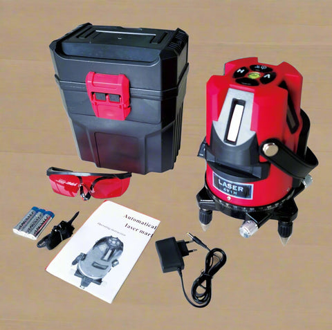 5-line 6-point cross laser level with red carrying case
Professional self-leveling laser level for drywall and tile alignment
Laser level tool projecting cross lines and dot points
Construction-grade horizontal and vertical laser level
Red precision cross line laser level with tripod mount