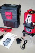 5-line 6-point cross laser level with red carrying case
Professional self-leveling laser level for drywall and tile alignment
Laser level tool projecting cross lines and dot points
Construction-grade horizontal and vertical laser level
Red precision cross line laser level with tripod mount
