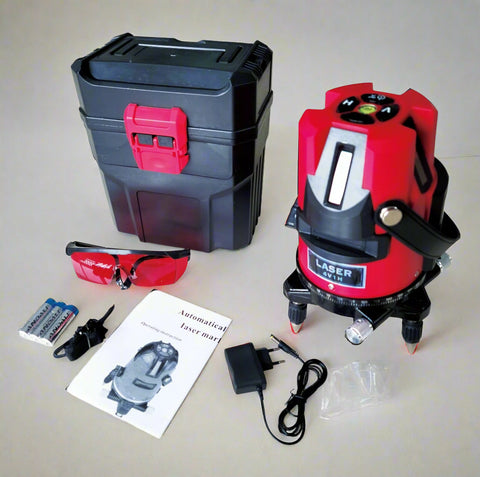 5-line 6-point cross laser level with red carrying case
Professional self-leveling laser level for drywall and tile alignment
Laser level tool projecting cross lines and dot points
Construction-grade horizontal and vertical laser level
Red precision cross line laser level with tripod mount