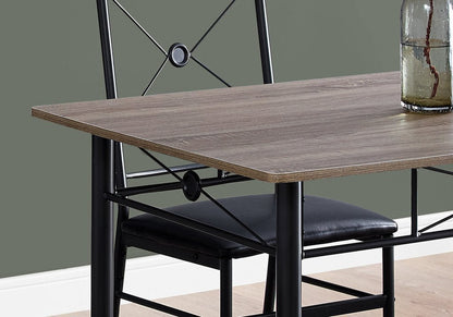 “Black metal dining table set with 4 chairs in modern kitchen”

“Compact 5-piece dining set with faux leather seats”

“Close-up of black chair with slatted back and cushioned seat”

“Space-saving dining table with wood grain finish”

“Modern 5-piece table and chair set for apartments”