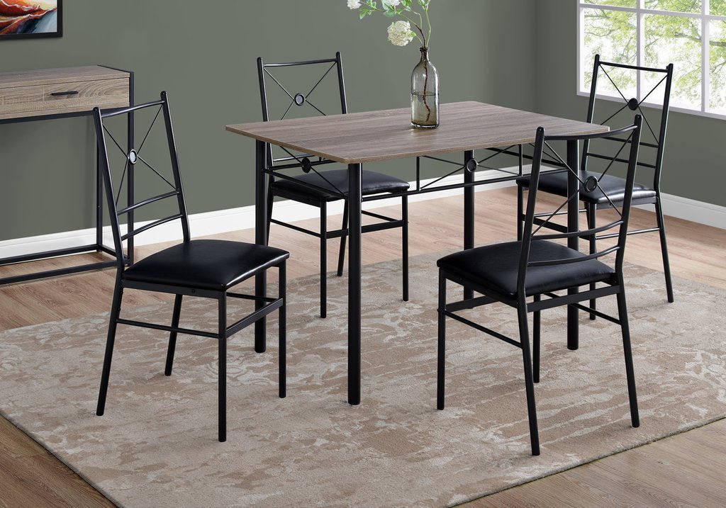 “Black metal dining table set with 4 chairs in modern kitchen”

“Compact 5-piece dining set with faux leather seats”

“Close-up of black chair with slatted back and cushioned seat”

“Space-saving dining table with wood grain finish”

“Modern 5-piece table and chair set for apartments”