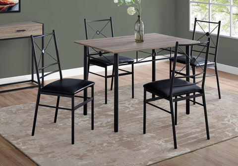 “Black metal dining table set with 4 chairs in modern kitchen”

“Compact 5-piece dining set with faux leather seats”

“Close-up of black chair with slatted back and cushioned seat”

“Space-saving dining table with wood grain finish”

“Modern 5-piece table and chair set for apartments”