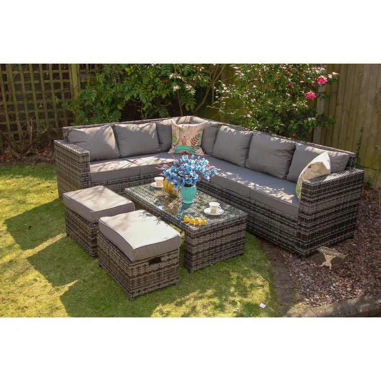 5-Piece Outdoor Patio Sofa Set – Resin Wicker & Steel Frame with Table and Ottomans | SKU 5233051