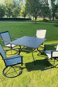 5-piece outdoor swivel dining set in garden setup

Black swivel dining chairs with cushions

Round glass-top patio dining table

Outdoor dining set with umbrella

Side view of black patio chairs and table