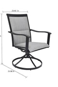5-piece outdoor swivel dining set in garden setup

Black swivel dining chairs with cushions

Round glass-top patio dining table

Outdoor dining set with umbrella

Side view of black patio chairs and table