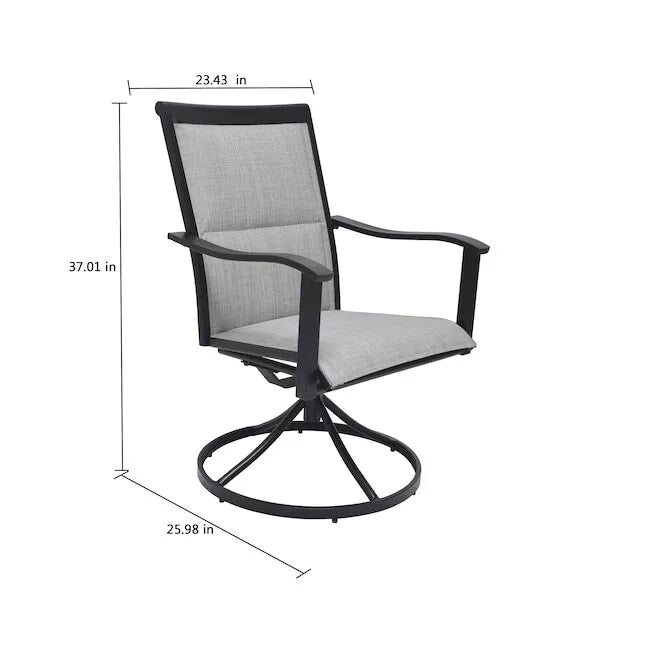 5-piece outdoor swivel dining set in garden setup

Black swivel dining chairs with cushions

Round glass-top patio dining table

Outdoor dining set with umbrella

Side view of black patio chairs and table