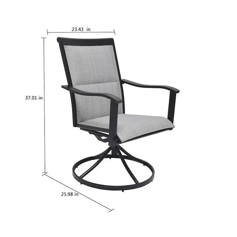 5-piece outdoor swivel dining set in garden setup

Black swivel dining chairs with cushions

Round glass-top patio dining table

Outdoor dining set with umbrella

Side view of black patio chairs and table