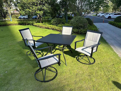 5-piece outdoor swivel dining set in garden setup

Black swivel dining chairs with cushions

Round glass-top patio dining table

Outdoor dining set with umbrella

Side view of black patio chairs and table