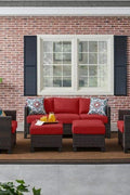 New 5 - Piece Dark Wicker Outdoor Patio Furniture Set with Chili Cushions | SKU: 111639 - with | Sold by Uncle Wiener's Wholesale