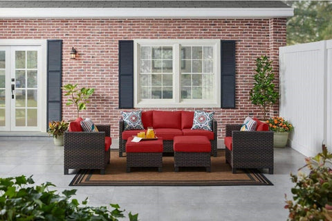 New 5 - Piece Dark Wicker Outdoor Patio Furniture Set with Chili Cushions | SKU: 111639 - with | Sold by Uncle Wiener's Wholesale