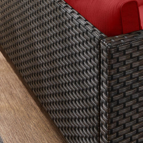 New 5 - Piece Dark Wicker Outdoor Patio Furniture Set with Chili Cushions | SKU: 111639 - with | Sold by Uncle Wiener's Wholesale