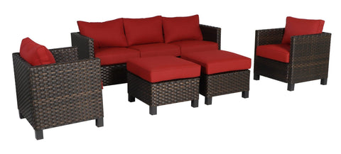 New 5 - Piece Dark Wicker Outdoor Patio Furniture Set with Chili Cushions | SKU: 111639 - with | Sold by Uncle Wiener's Wholesale